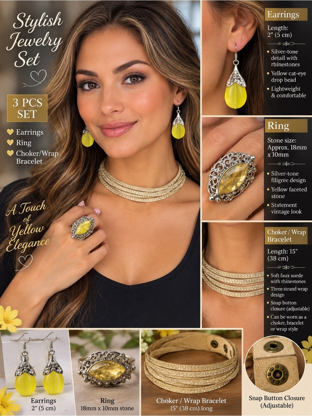 Yellow Fashion Jewelry 3-Piece Set - Earrings, Ring & Wrap Choker Bracelet